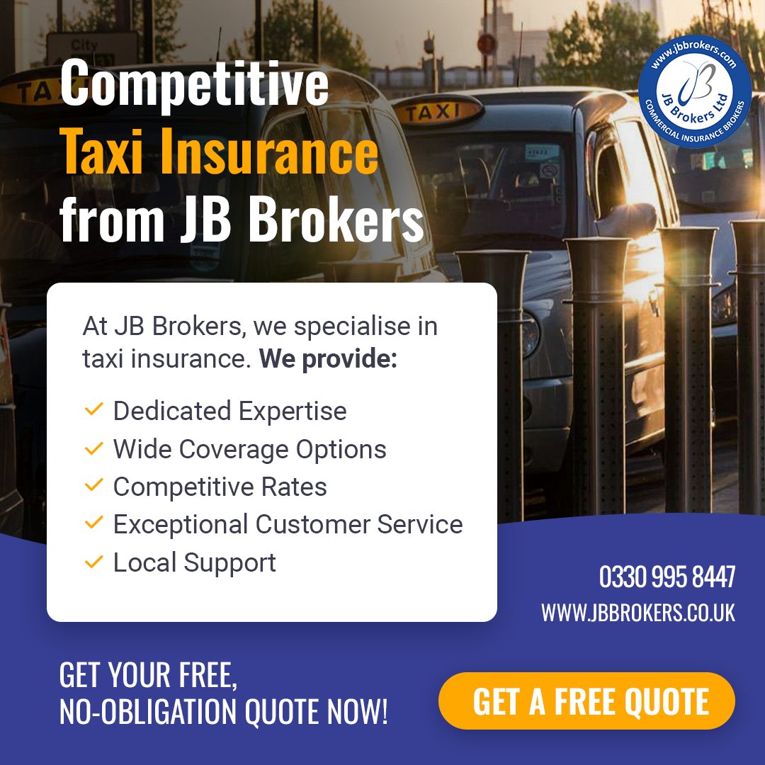 🚖 Are you a taxi driver or run a taxi fleet? JB Brokers offers specialised, comprehensive, and affordable taxi insurance tailored to your needs.

👉 Learn more about our specialised taxi insurance solutions: jbbrokers.co.uk/blog/specialis…

Get your free, no-obligation quote now!