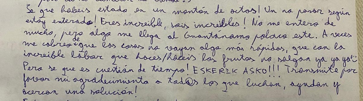 FreePabloGonz's tweet image. Ayer nos llegó una carta de Pablo escrita.... ¡el pasado 12 de marzo! Las cartas, el único medio de comunicación que tenemos con él, llegan cada vez más tarde y muchas son devueltas. Quieren doblegarlo, pero no lo van a conseguir.
Nos pide que os agradezcamos vuestro apoyo 🙌🙌