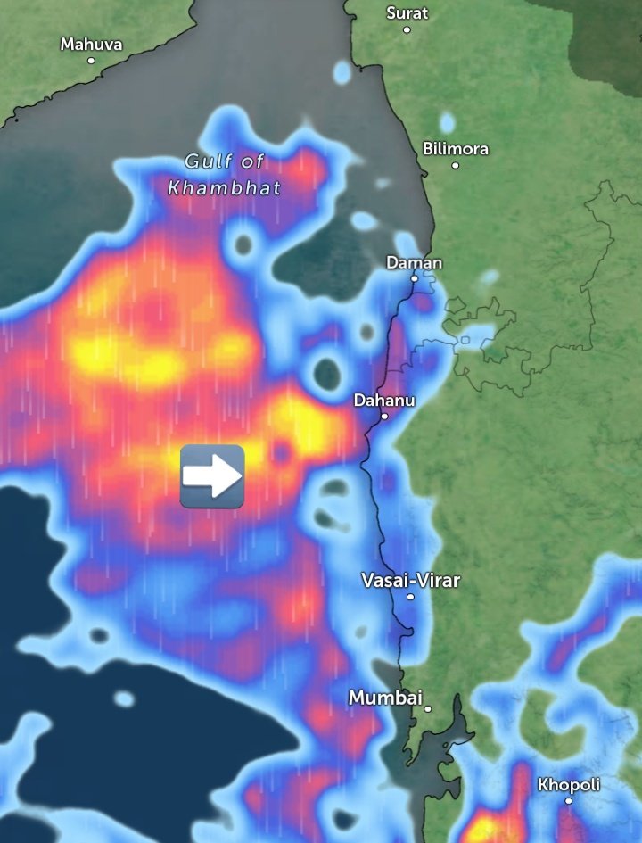 Ninad0921's tweet photo. A band of heavy rains has formed over the Arabian Sea. Caution for #Valsad, #Vapi and #Daman-#Silvasa in South #Gujarat while #Palghar, #Tarapur, #Dahanu and #Talasari in North Konkan are likely to experience heavy rain.
@Hosalikar_KS
@shetty_athreya https://t.co/rqtGubHbRc