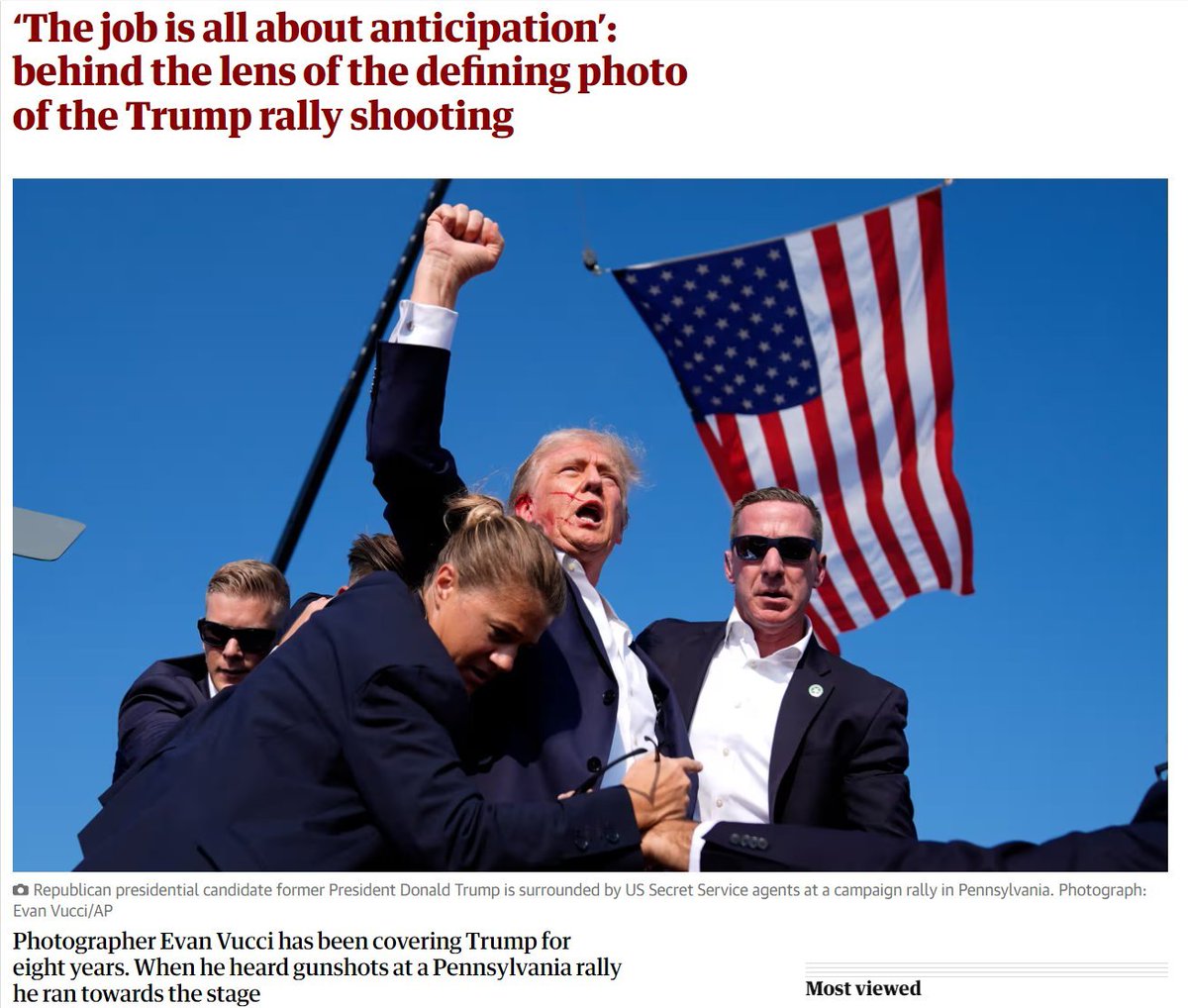 DaysOfNoahh's tweet photo. This was the goal of #Pullitzer winner and elite agent #EvanVucci, to recreate an #IwoJima like victorious battle glory moment of fighter Trump rising after his fall" in the fake #shootinghoax.
Vucci was magically present to take the perfect shot of Bush's "Shoe" attack in Iraq. https://t.co/HVW5jXm8Z2