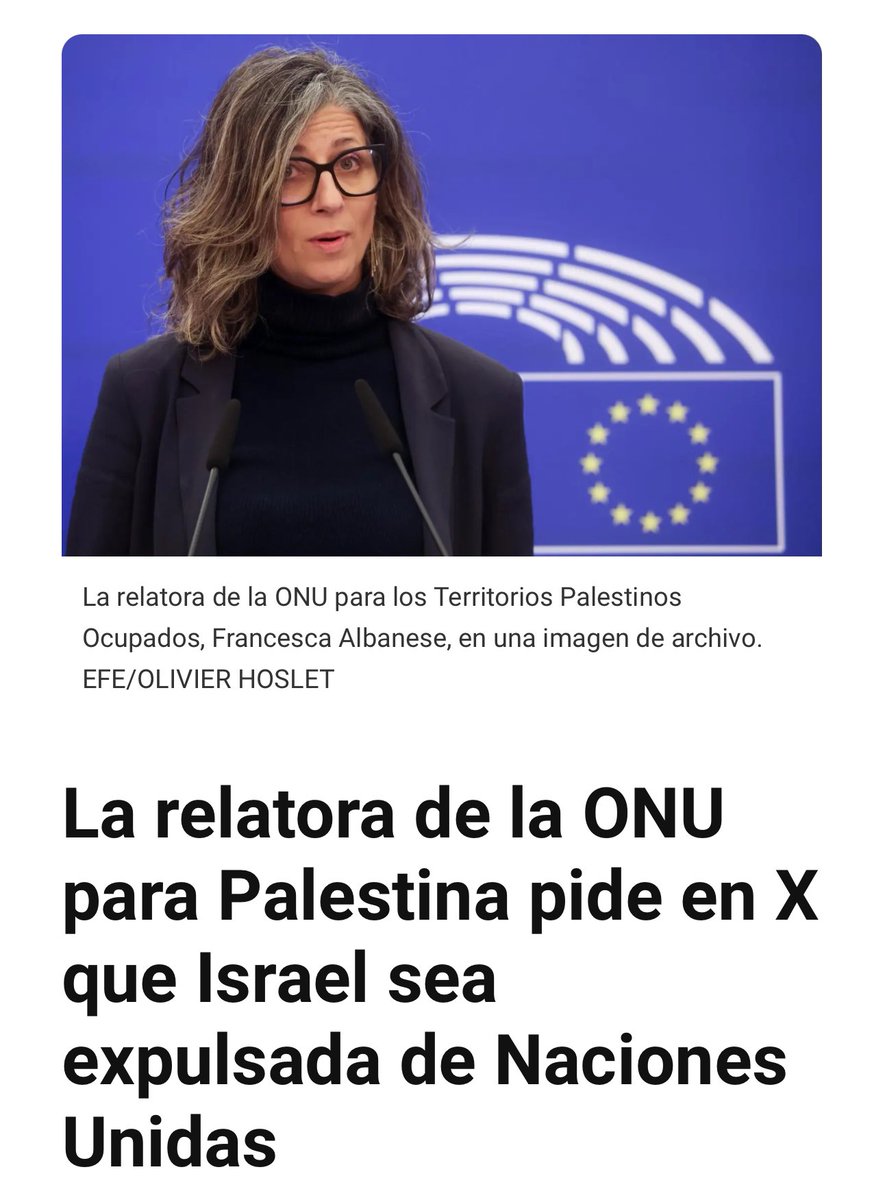 🇵🇸🇺🇳 La Relatora de la ONU para Palestina pide que Israel sea expulsada de Naciones Unidas.

Segun la relatora, Israel comete de forma intencionada al menos tres “actos genocidas” definidos como tales por la Convención para la Prevención y la Sanción del Delito de Genocidio de