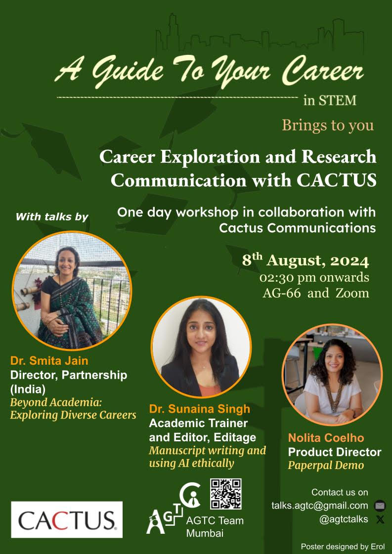 AGTC (@agtctalks) on Twitter photo Hello Science enthusiasts!
AGTC is excited to host <a href="/Cactusglobal/">Cactus Communications</a> for a workshop at TIFR, Mumbai on 8th August 2024.
The workshop is curated to guide graduate students learn the art of scientific writing, to aid in their research. Hello Science enthusiasts!
AGTC is excited to host <a href="/Cactusglobal/">Cactus Communications</a> for a workshop at TIFR, Mumbai on 8th August 2024.
The workshop is curated to guide graduate students learn the art of scientific writing, to aid in their research.