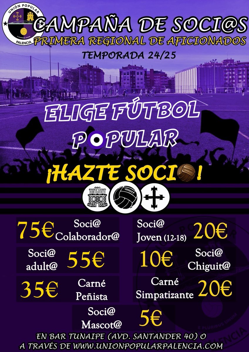 UPPalencia's tweet photo. 📣🟣CAMPAÑA DE SOCI@S🟣📣

Desde este momento podéis renovar o haceros soci@s del club! a través de nuestra web https://t.co/MYexPbTab2 y en el Bar Tunaipe (Avenida Santander, 40)

#eligefutbolpopular #Temporada2425 https://t.co/VCBff8b0OF