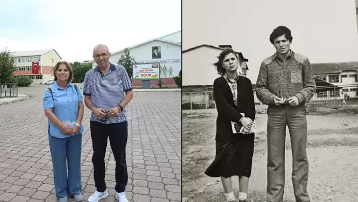 1982 yılında Ağrı'da Eğitim Yüksekokulu'ndan mezun olurken fotoğraf çekilen Aysel ve Necati Abalı çifti, 42 yıl sonra aynı pozu verdi.