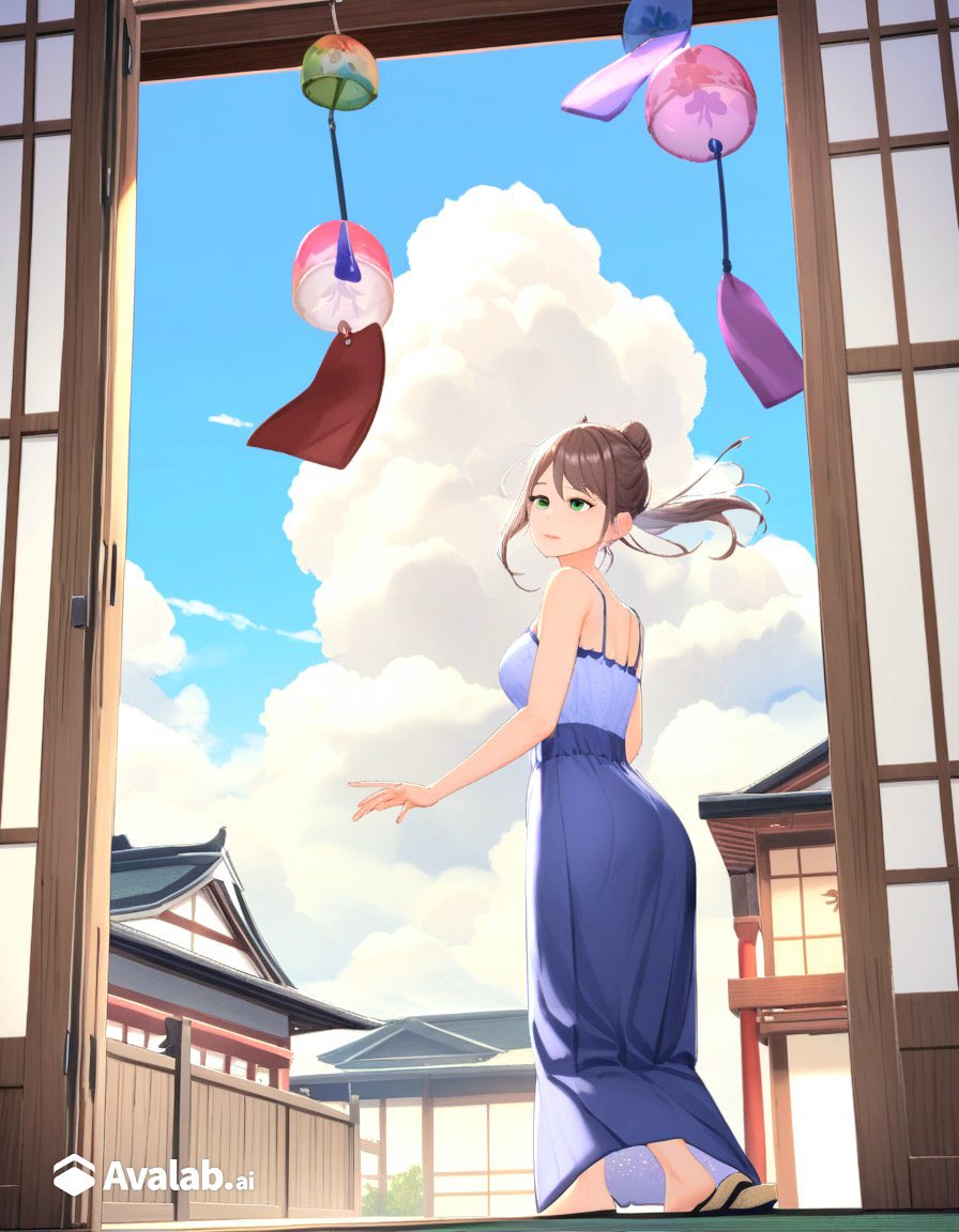 AvalabAI's tweet photo. ✨風鈴チャレンジ✨

✅参考プロンプトからイラストを生成
✅#avalab をつけてイラストを引用ポスト
✅フォロー＆このポストをいいね 
🎁抽選で1名に100生成ポイント
⌛1週間

〈���考プロンプト〉@nondenonde30
(Beautiful wind chime),(Japanese wind chime),Japanese style room,blue sky,(cumulonimbus),(summer sky through an open window)