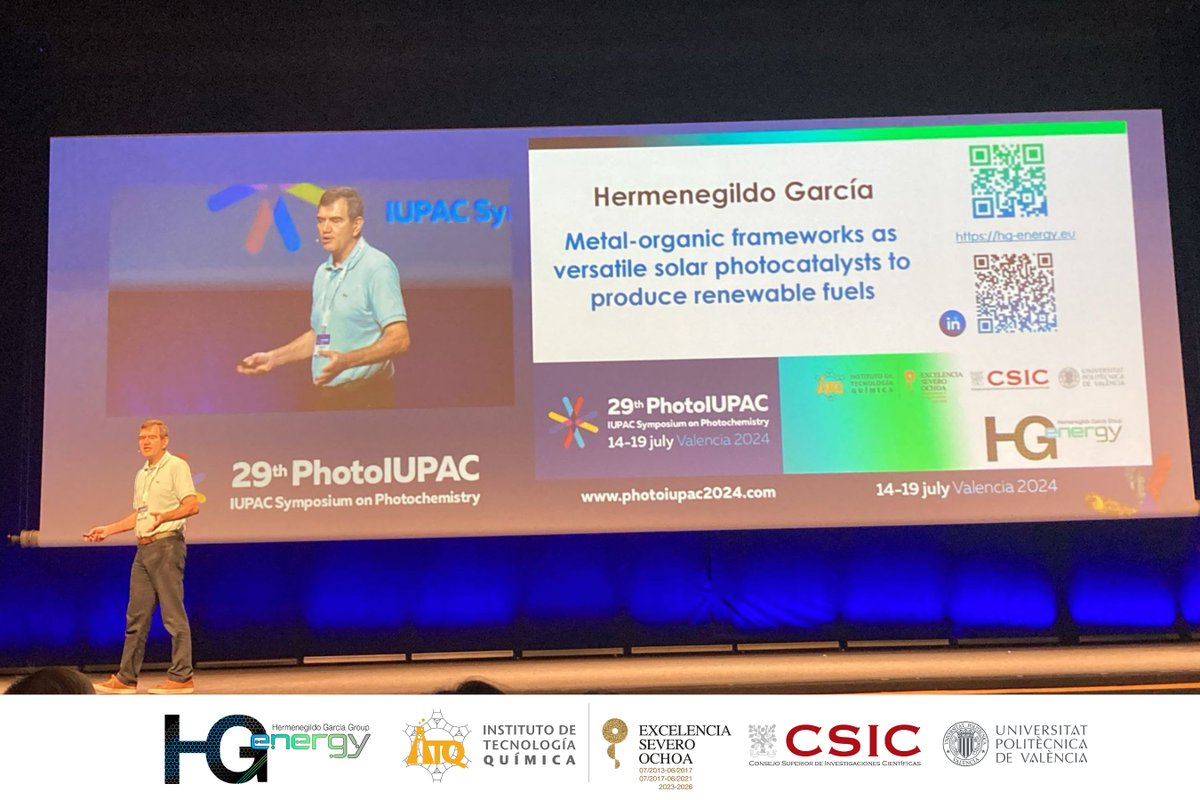 HG-energy (@hg_energyitqupv) on Twitter photo This morning, Prof. Hermenegildo García from HG Energy delivered a plenary lecture on "Metal-organic Frameworks as Versatile Solar Photocatalysts to Produce Renewable Fuels" at Photoiupac Symposium.
#Photochemistry #Photoiupac #Innovation #MOFs #RenewableEnergy <a href="/photoIUPAC2024/">PhotoIUPAC2024</a> This morning, Prof. Hermenegildo García from HG Energy delivered a plenary lecture on "Metal-organic Frameworks as Versatile Solar Photocatalysts to Produce Renewable Fuels" at Photoiupac Symposium.
#Photochemistry #Photoiupac #Innovation #MOFs #RenewableEnergy <a href="/photoIUPAC2024/">PhotoIUPAC2024</a>