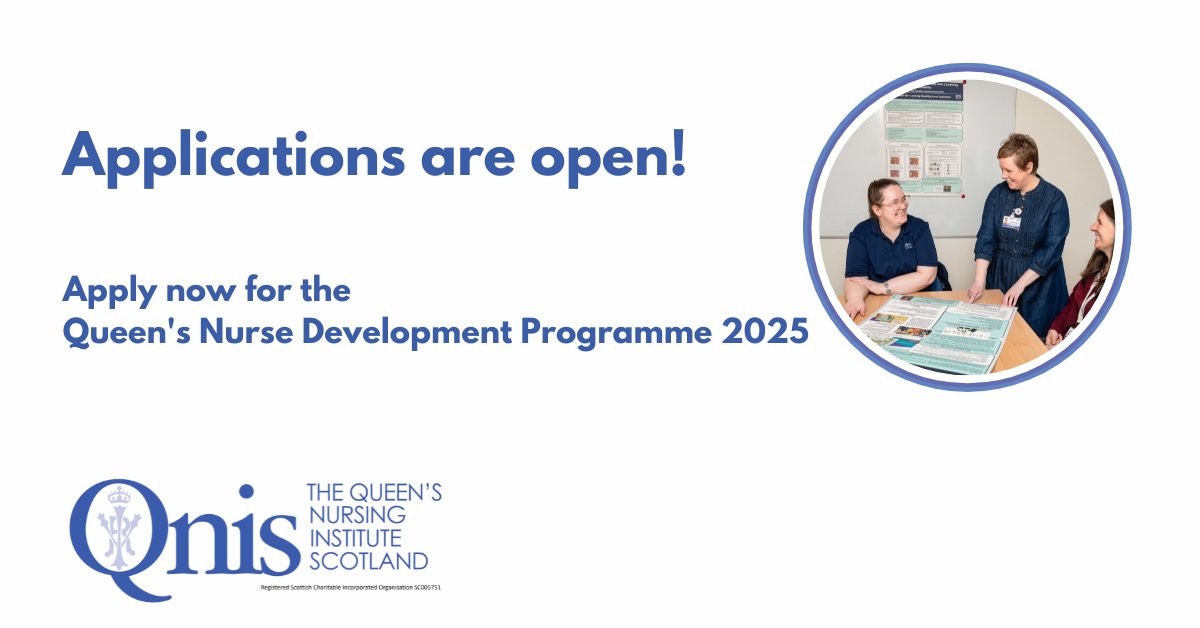 Applications for the Queen's Nurse Development Programme 2025 are open! 

This flagship nine-month programme offers community-based nurses and midwives the chance to undertake a 'journey of discovery'. 

Deadline: 12noon, 6 November 

Click here for more: 
qnis.org.uk/qndp-2025