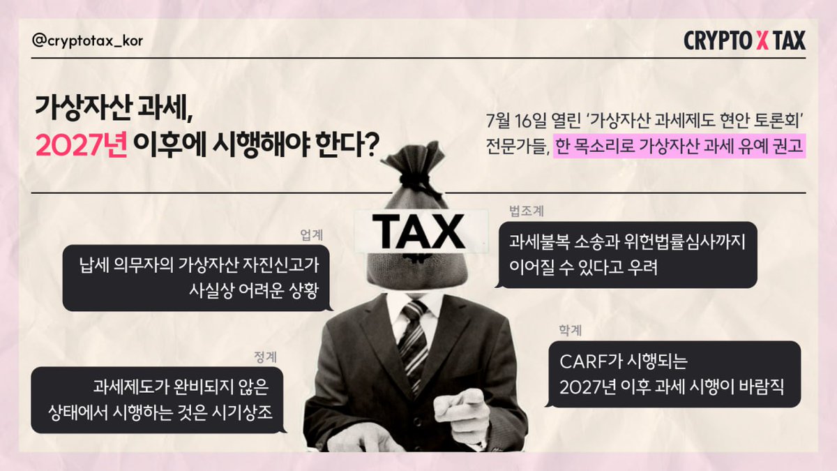 CryptoFinn_KR's tweet photo. 가상자산 과세, 2027년 이후에 시행해야 한다고?

학계.현장 전문가들 한목소리로 가상자산 과세 유예를 권고

🧵‘가상자산 과세제도 현안토론회’에서 다루어진 내용에 대해 알아봅니다.