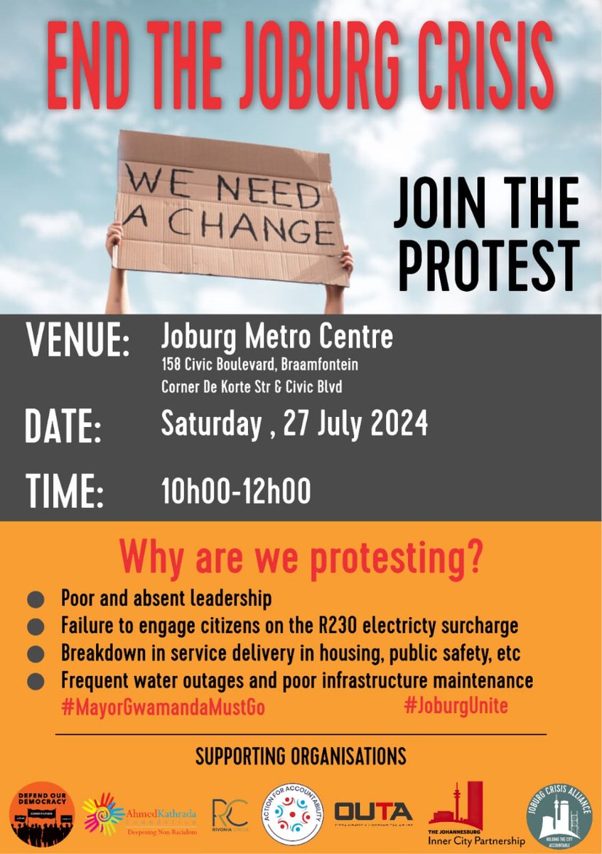 OUTASA's tweet photo. CALLING ALL JOBURG RESIDENTS! Tired of the state of our city and inept leaders doing nothing to stop the decline? Then join this protest next Saturday (27 July). Arranged by the Joburg Crisis Alliance. More details to follow next week. https://t.co/yslLUFsDJS