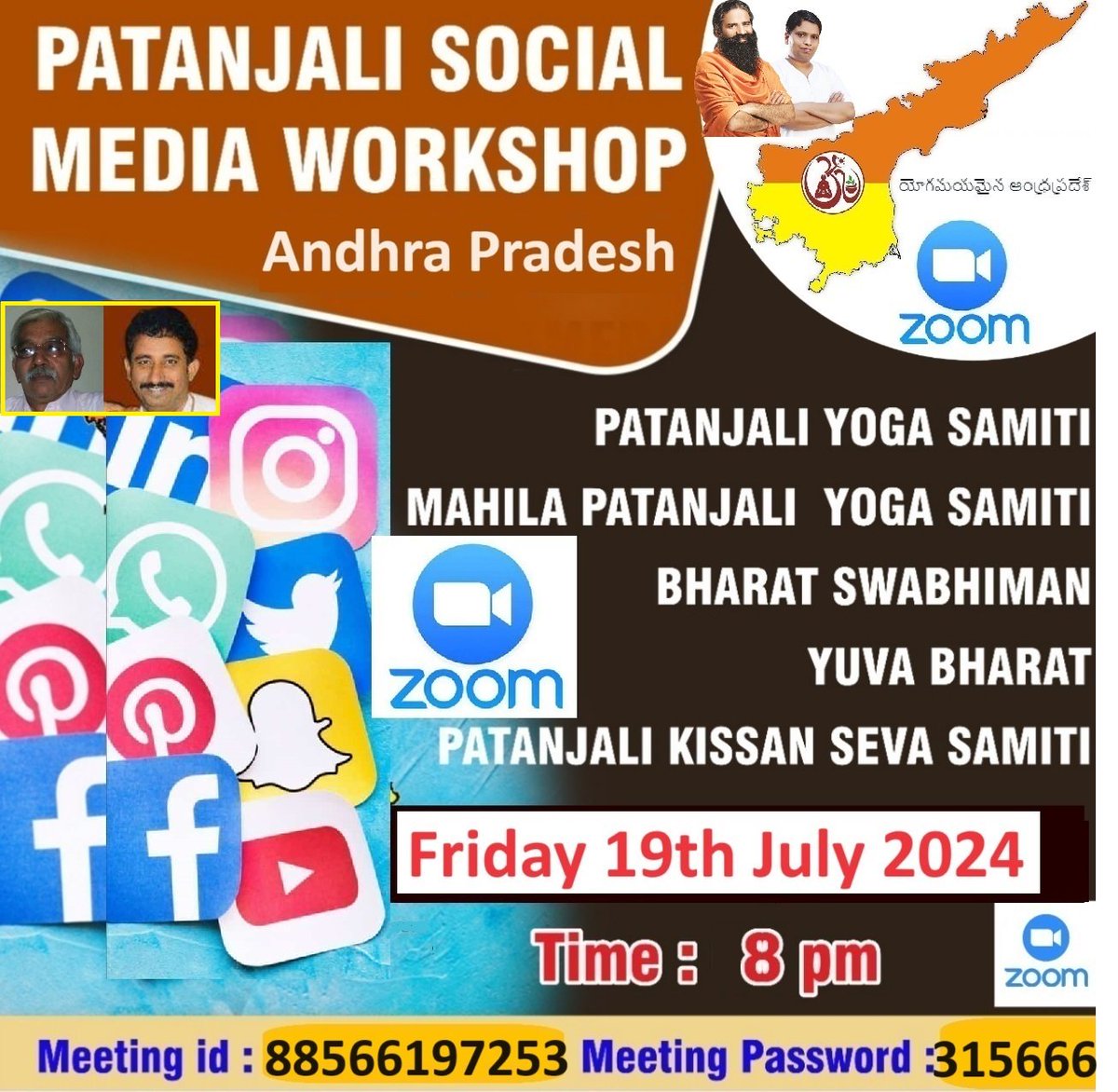 Social media workshop 
Andhra Pradesh 
Patanjali family 
Date - Today 19th July 
Time - 8.00pm
Language - Hindi +Telugu 
<a href="/rakesh_bstpyp/">भारत</a> 
<a href="/bst_official/">भारत स्वाभिमान, मुख्यालय-हरिद्वार</a> 
<a href="/paramarthdev/">स्वामी परमार्थदेव</a> 
<a href="/swamiadityadev/">Swami Aditya Dev</a> 
<a href="/yogikuldeep_/">कुलदीप योगी</a> <a href="/SatishAndhra_YB/">PATANJALI SOCIAL MEDIA BHARATSWABHIMAN AP STATE</a> <a href="/Babjan_YB/">Babjan PYB Chittoor AP</a> <a href="/yogrishiramdev/">स्वामी रामदेव</a>