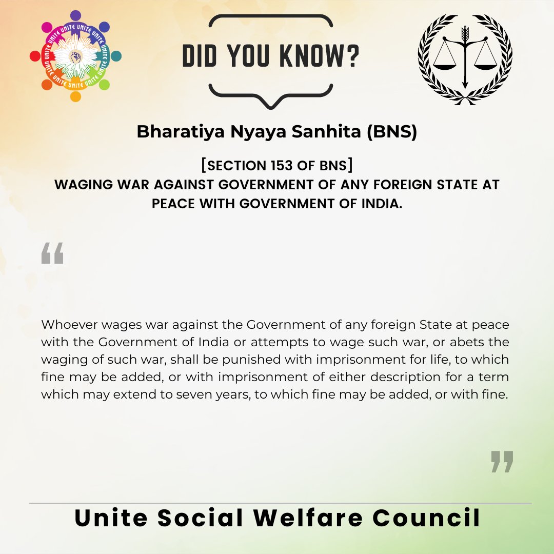 USWC_India's tweet image. Section 153 of Bharatiya Nyaya Sanhita

Waging war against Government of any foreign State at peace with Government of India.

#uswc #waragainstgovernment #foreignstate #peacewithindia #punishment #imprisonmentforlife #fine #imprisonmentterm #seventyears #legalpenalty #law