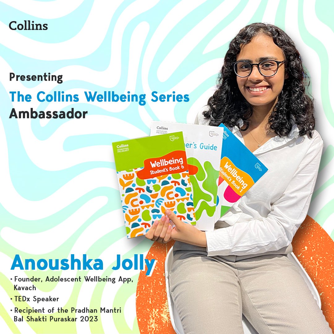 CollinsMktg's tweet photo. Collins India is thrilled to introduce the Collins Wellbeing Series Ambassador, @anoushkajollyy , Founder of the Adolescent Wellbeing App, Kavach.
For any queries, connect on: CollinsInternational_india@harpercollins.co.in

#collinsindia #collinslearning #wellbeingseries https://t.co/t1q9315e9x