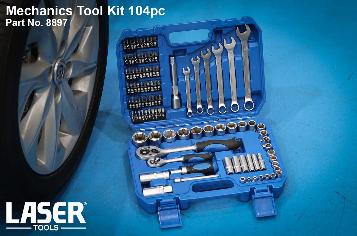 ⚠ Now Available:  

Just landed, 104 piece tool kit, featuring a range of mechanics tools. Suitable for use by mechanics in the workshop and at home, and ideal for DIY.

Available to order now. (Part No. 8897).  

toolc.uk/8897  

#LaserTools
