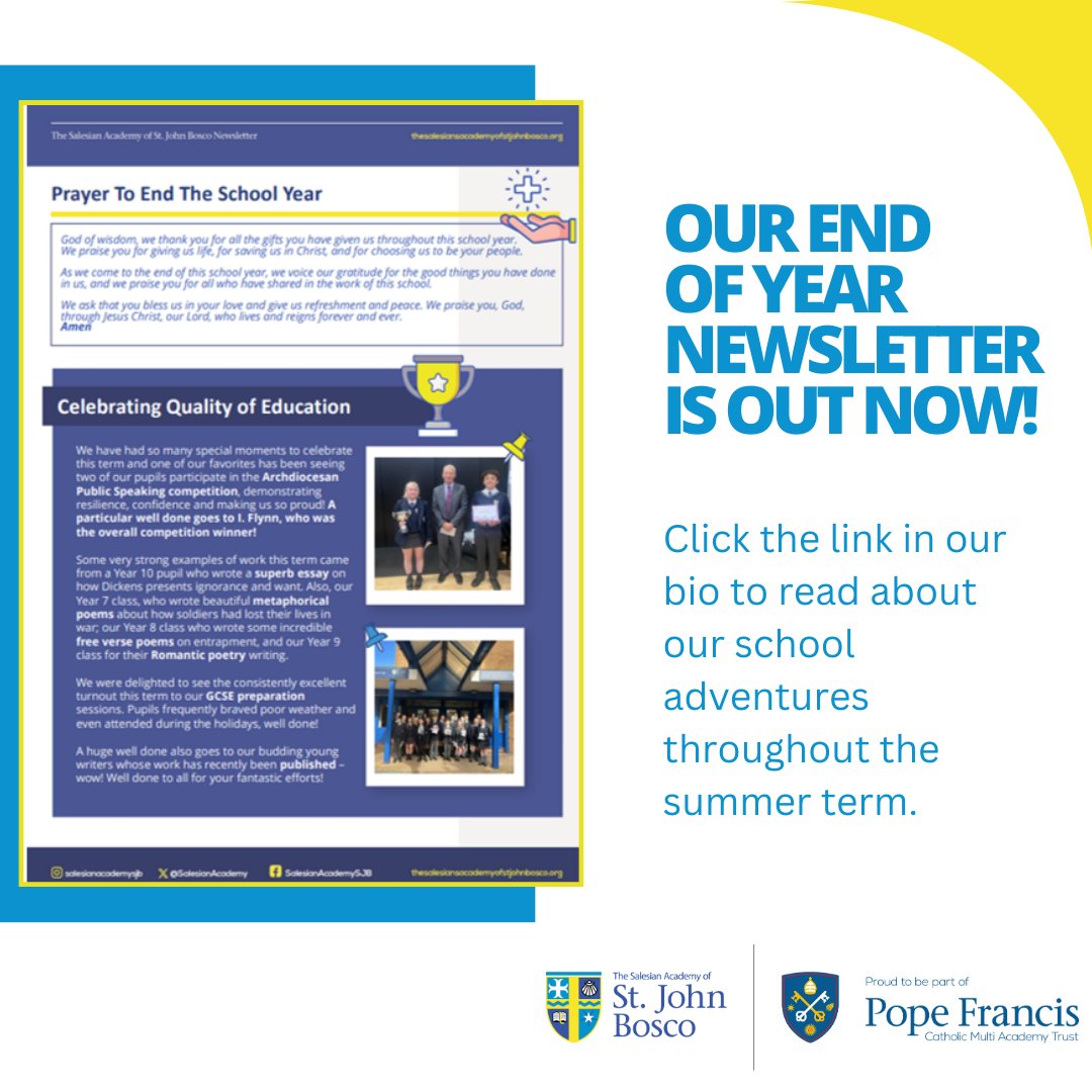 SalesianAcademy's tweet image. 🏆☀️Our end of year newsletter is out now!

We hope that you enjoy reading about all of our exciting news and events:
thesalesiansacademyofstjohnbosco.org/docs/Summer_2_…

Don&apos;t forget your first day back:
🍎Wed&apos; 4th Sept&apos; Years 7 &amp;amp; 11
🍎Thurs&apos; 5th Sept&apos; Years 8, 9 &amp;amp; 10

#SchoolNews #SchoolCommunity #SASJB
