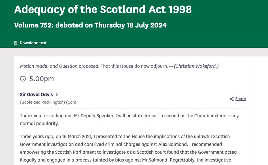 Full text of Sir David Davis speech 18 July 2024.
[Names (revealed under parliamentary privilege) and worth noting as having direct involvement in the actions against Alex Salmond are:
David Harvie, Ian McCann, James Wolffe, Judith Mackinnon, Leslie Evans, Liz Lloyd, Nicola