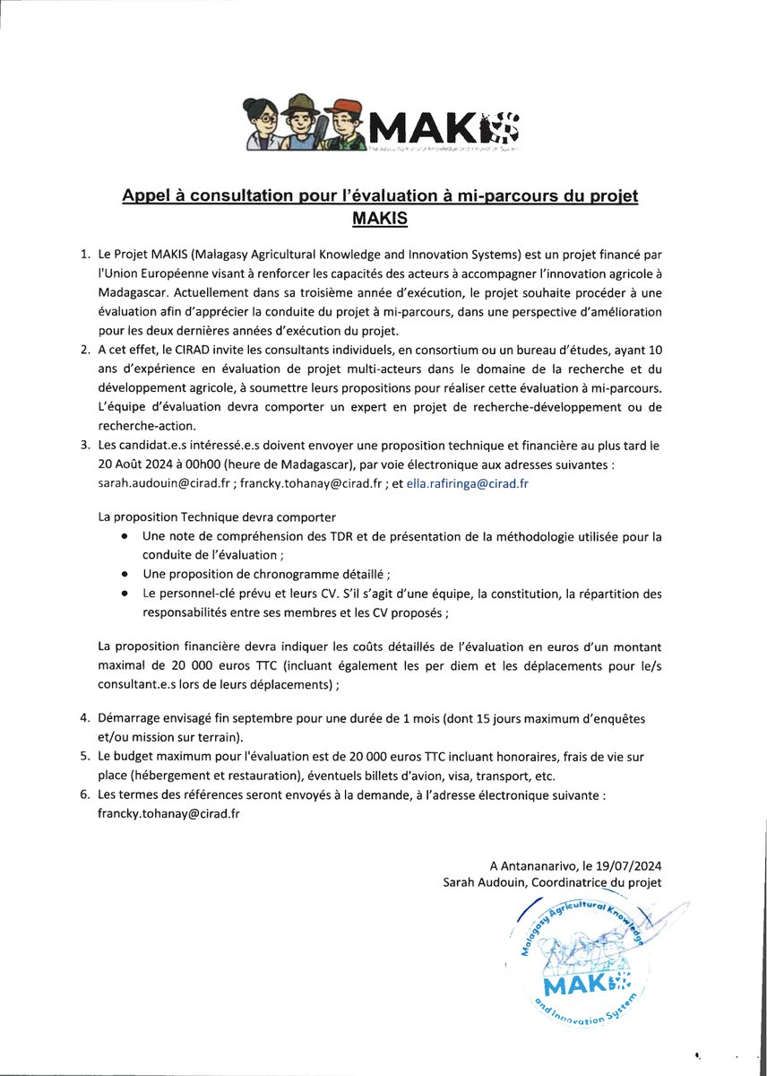 Projet MAKIS (@makisproject) on Twitter photo 🚨Nous lançons un appel à consultation pour l'évaluation à mi-parcours du projet MAKIS
<a href="/Cirad_AAM/">Le Cirad en Afrique australe et à Madagascar</a> <a href="/Fofifa_officiel/">Officiel FOFIFA</a> <a href="/AVSF_ONG/">Agronomes & Vétérinaires Sans Frontières</a>
<a href="/Agrisud_ONG/">Agrisud International</a> <a href="/Gret_ONG/">Gret</a> <a href="/FFifata/">FIFATA FIFATA</a> <a href="/ird_fr/">IRD.fr</a> @ApdraOng <a href="/UE_Madagascar/">UE à Madagascar & aux Comores</a> <a href="/capacity4dev/">Capacity4dev</a> 🚨Nous lançons un appel à consultation pour l'évaluation à mi-parcours du projet MAKIS
<a href="/Cirad_AAM/">Le Cirad en Afrique australe et à Madagascar</a> <a href="/Fofifa_officiel/">Officiel FOFIFA</a> <a href="/AVSF_ONG/">Agronomes & Vétérinaires Sans Frontières</a>
<a href="/Agrisud_ONG/">Agrisud International</a> <a href="/Gret_ONG/">Gret</a> <a href="/FFifata/">FIFATA FIFATA</a> <a href="/ird_fr/">IRD.fr</a> @ApdraOng <a href="/UE_Madagascar/">UE à Madagascar & aux Comores</a> <a href="/capacity4dev/">Capacity4dev</a>