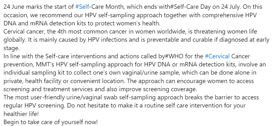 MacroMicroTest's tweet image. 24 June marks the start of #Self-Care Month, which ends with#Self-Care Day on 24 July. 
Begin to take care of yourself now!
More details:
mmtest.com/hpv-fluorescen…
#selfcaremonth #selfcareday #hpv #cervicalcancer #who #sti #womenhealth #macromicrotest #mmtest #mmt