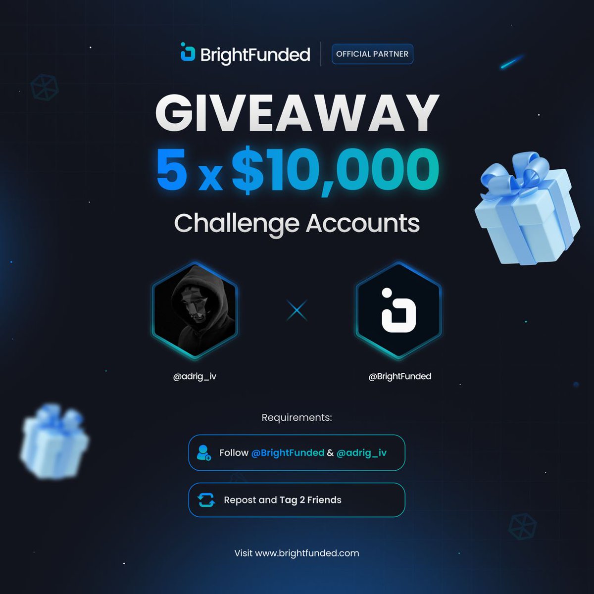 ¡SORTEO 5 CUENTAS DE 10.000$!

Requisitos:   
🔹 Seguir <a href="/BrightFunded/">BrightFunded</a> <a href="/BrightFundedES/">BrightFunded - Español</a>  y <a href="/adrig_iv/">adrig</a> 
🔹RT
🔹Etiqueta a dos amigos

¡Mucha suerte a todos! 🍀