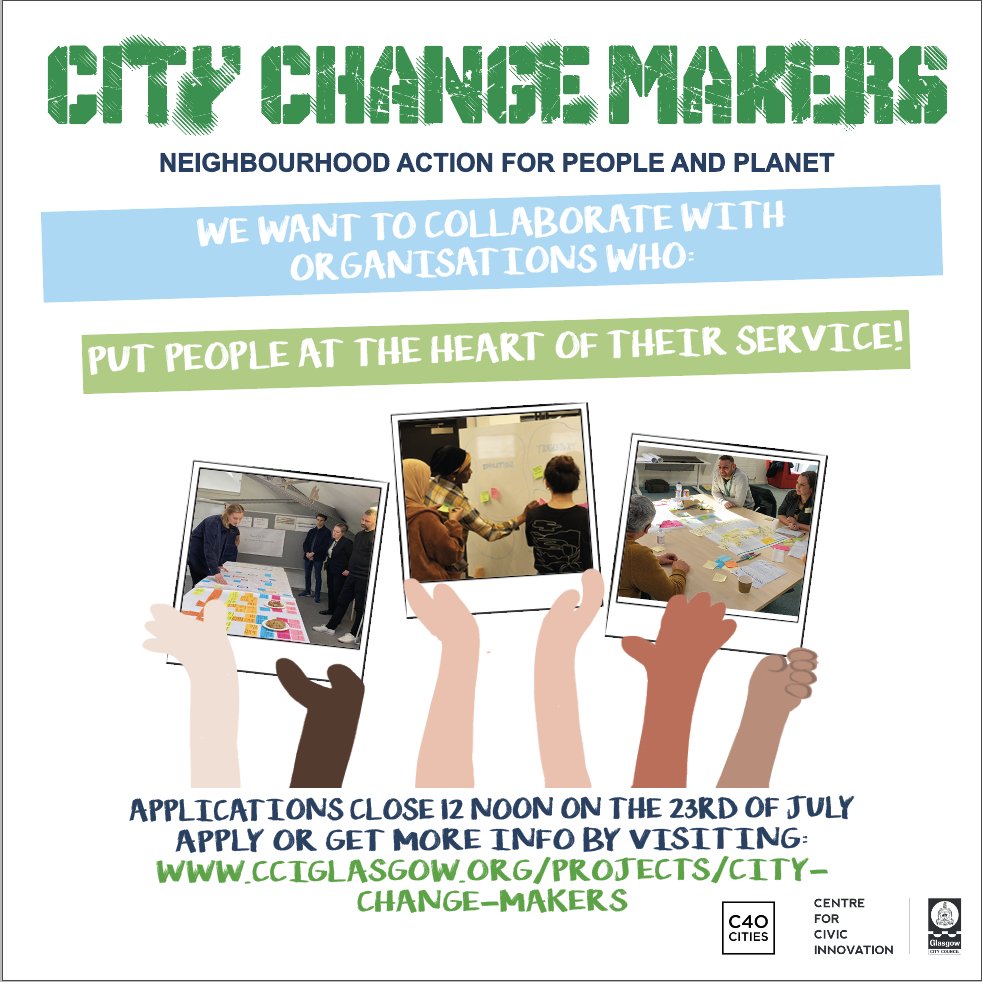 What does it take to be a City Change Maker?

We want to collaborate with organisations that:
Put people at the heart of their service!

Apply or get more info: cciglasgow.org/projects/city-…

Applications close 23/07

#DesignForPlanet #DesignForGlasgow 
<a href="/c40cities/">C40 Cities</a> <a href="/GlasgowCC/">Glasgow City Council</a>