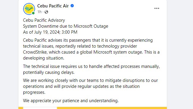 NEWS UPDATE: Cebu Pacific and AirAsia have advised its customers that their systems have also been affected by the Microsoft outage. Delays are expected as digital services are down and some processes need to be done manually. | via <a href="/JPMangaluz/">Jean Mangaluz</a>