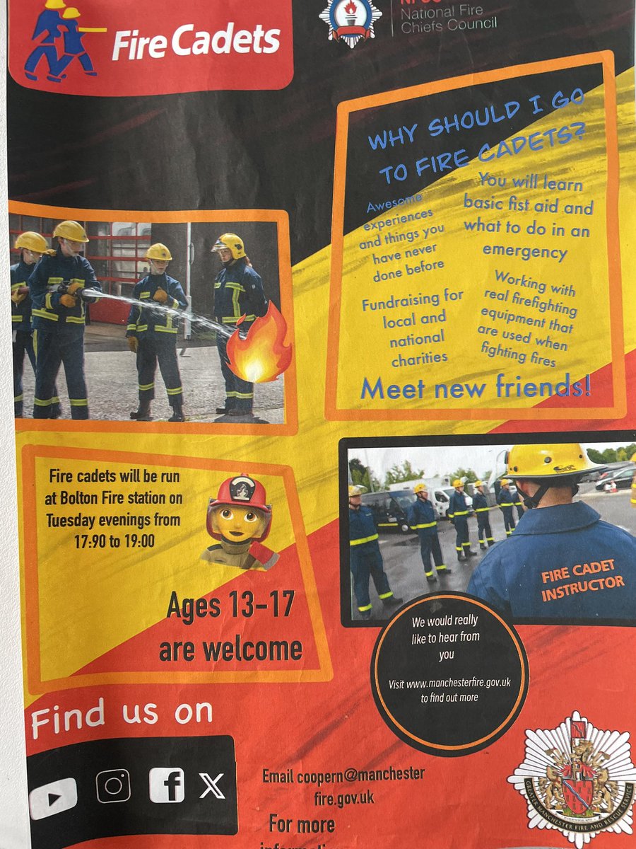 NCooper1880258's tweet image. We are looking for new cadets at all our units. 
Monday- Wythenshawe 
Tuesday- Bury
Wednesday-Eccles
Thursday- Bolton

1700-1900 weekly 
futureheroes@manchesterfire.gov.uk