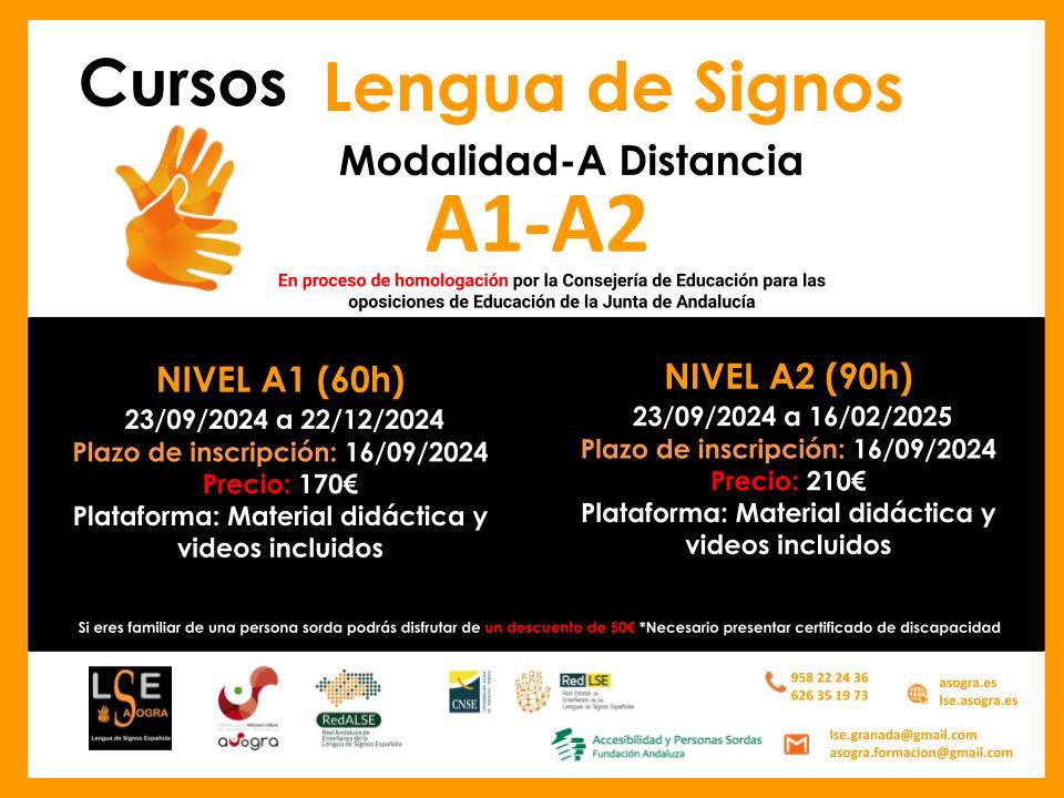 Nuevos cursos de otoño de 2024-2025 de LSE: Nivel A1 y A2 a distancia  (Online) <a href="/ASOGRA_/">ASOGRA</a>
Inscripción web LSE: lse.asogra.es. Web ASOGRA: asogra.es/cursos-de-leng...
Teléfonos: 626 351 973 / 958 22 24 36 Email info: lse.granada@gmail.com
