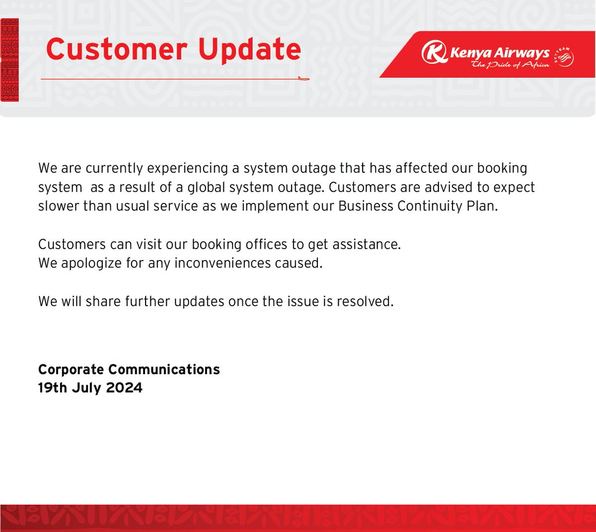 Customer Update on Global System Outage