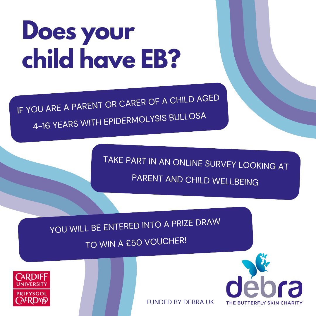 If you a parent of a child aged 4-16 years with Epidermolysis Bullosa, please do consider taking part in our online survey! <a href="/CharityDEBRA/">DEBRA UK</a> <a href="/ProfARThompson/">Prof Andrew R Thompson 💙</a> <a href="/DClinPsySWales/">DClinPsy South Wales 💙</a> <a href="/fam6/">Faith Martin</a> @psychcardiffuni click here: cardiffunipsych.eu.qualtrics.com/jfe/form/SV_0U…
