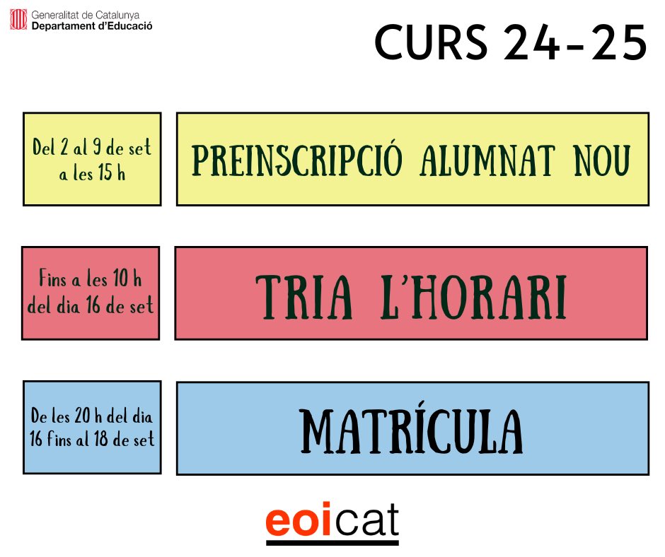 eoicat's tweet photo. Has començat a organitzar el curs 24-25? T’agrada aprendre idiomes? Doncs la millor opció és venir a l’EOI
El 2 de setembre comença el procés de matrícula. Aquests són els 3 passos que hauràs de seguir
T’anirem passant informació del procés de matrícula de manera pautada
#EOICAT https://t.co/UVvoIIbLKu