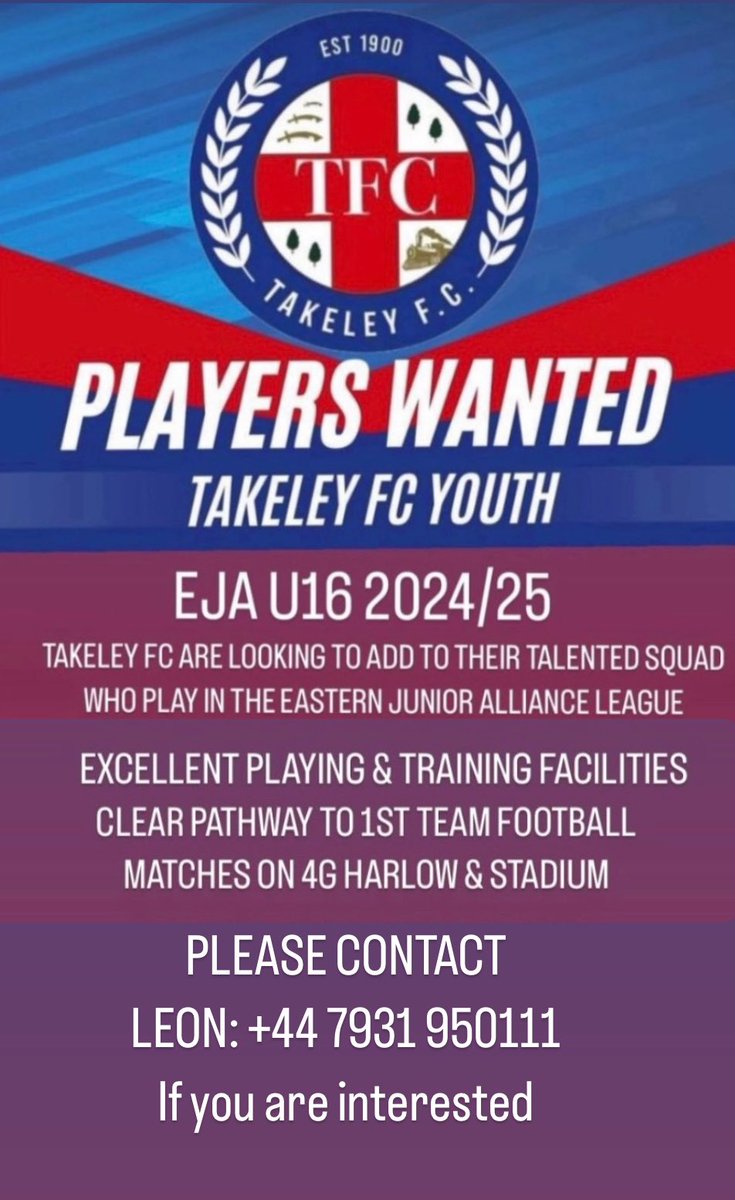 Still undecided for next season looking for a club that will grow with you with a clear pathway to Senior football then Takeley FC could be your answer our U16 EJA side are still looking to add players to their talented squad CALL LEON: +44 7931 950111
For more information