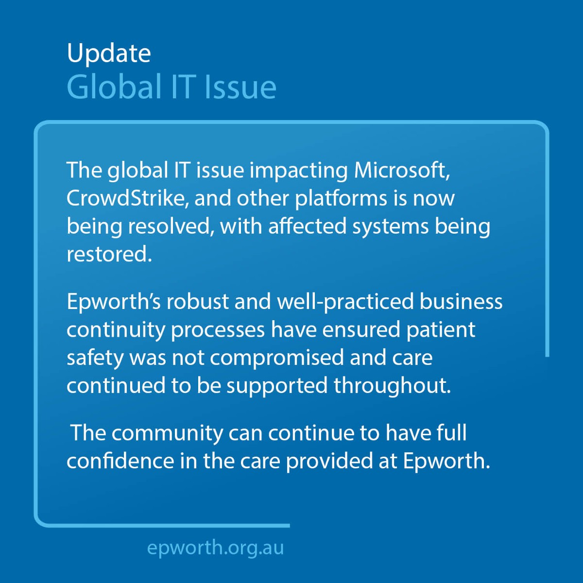The global IT issue impacting Microsoft, CrowdStrike, and other platforms is now being resolved, with affected systems being restored.