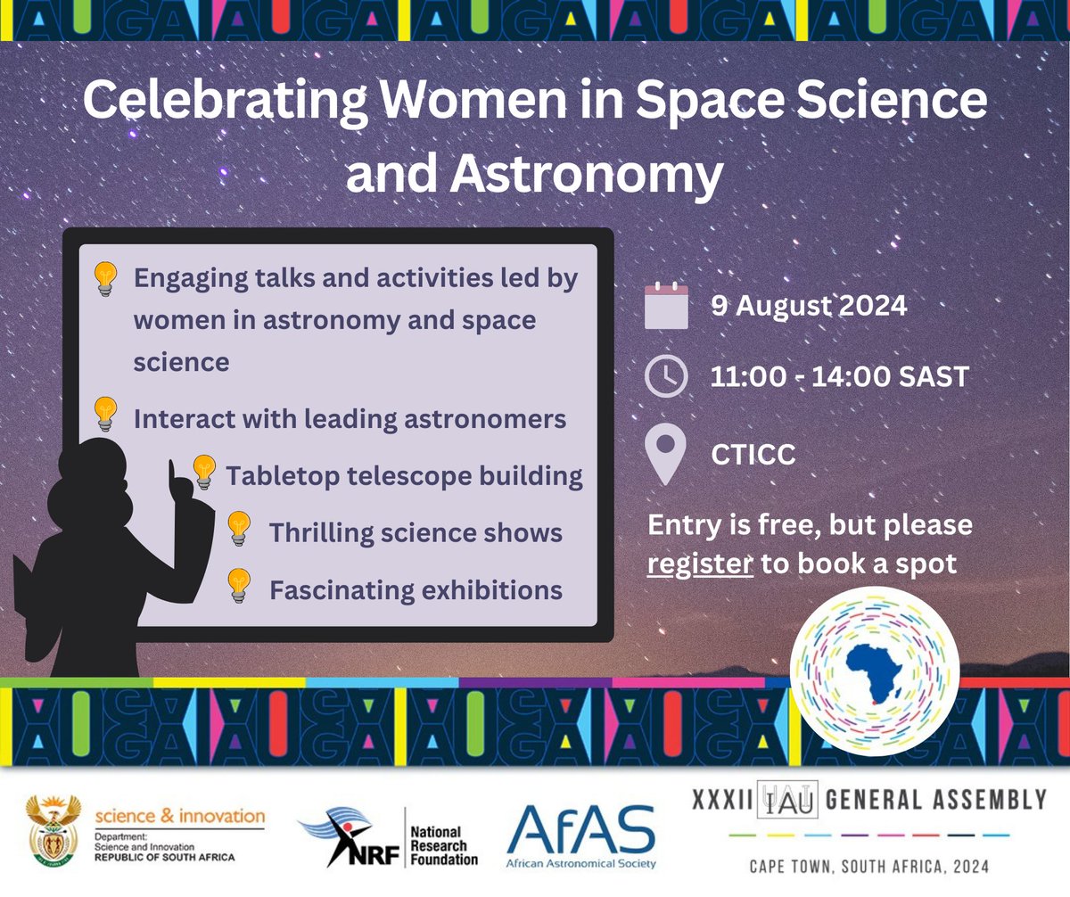 Celebrating Women in Space Science and Astro! 🚀

Join us for talks, activities, and exhibits led by women in astronomy and space science.  

📅 Date: 9 August 2024 🕚 Time: 11:00 - 14:00  

🎟️Entry is free, but please register to secure your spot here:  astronomy2024.org/womens-day-eve…