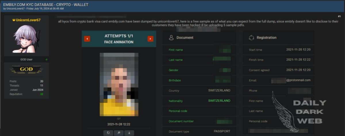 DailyDarkWeb's tweet photo. 🇩🇪🇸🇬 - Threat Actor Claims to Have Leaked KYC Data of Embily Crypto and Fractal ID

https://t.co/6gdwJBIeQd

#DarkWeb #EmbilyCryptoily  #FractalID #cryptocurrency https://t.co/9oByy8oDPt
