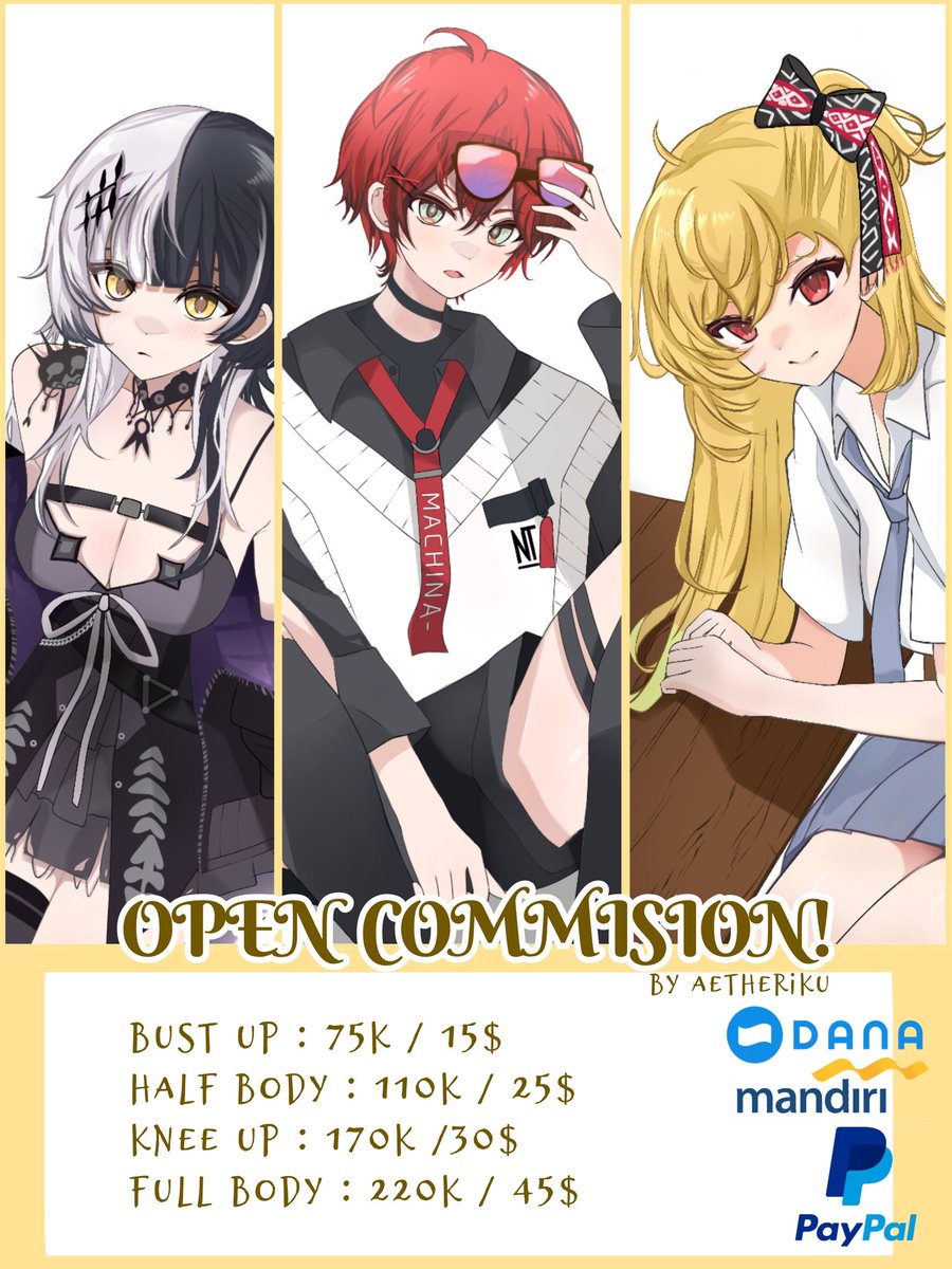 aetheriku's tweet photo. OPEN COMMISSION! 
✨[Rts &amp; Likes are appreciated!]✨

Hello, i open commission for local &amp; international!! 

Kindly knock my DM if interested!
Please see details below👇😊✨

#artidn #opencommision #vtubercommision #commisionisopen https://t.co/zkx8MkZsTa