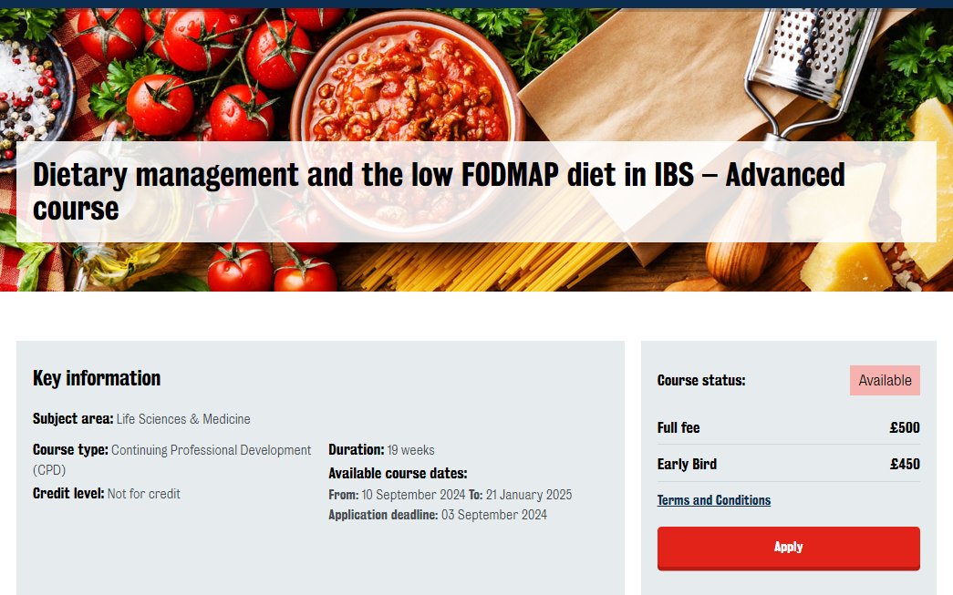 ⚠️Early bird rate ending soon!

Apply to the next Advanced #fodmaps course starting in September: shorturl.at/gvFN5

💻Live interactive sessions with world experts
🌍Forum discussions on clinical cases
⌛️38 CPD hours
🏆Certificate