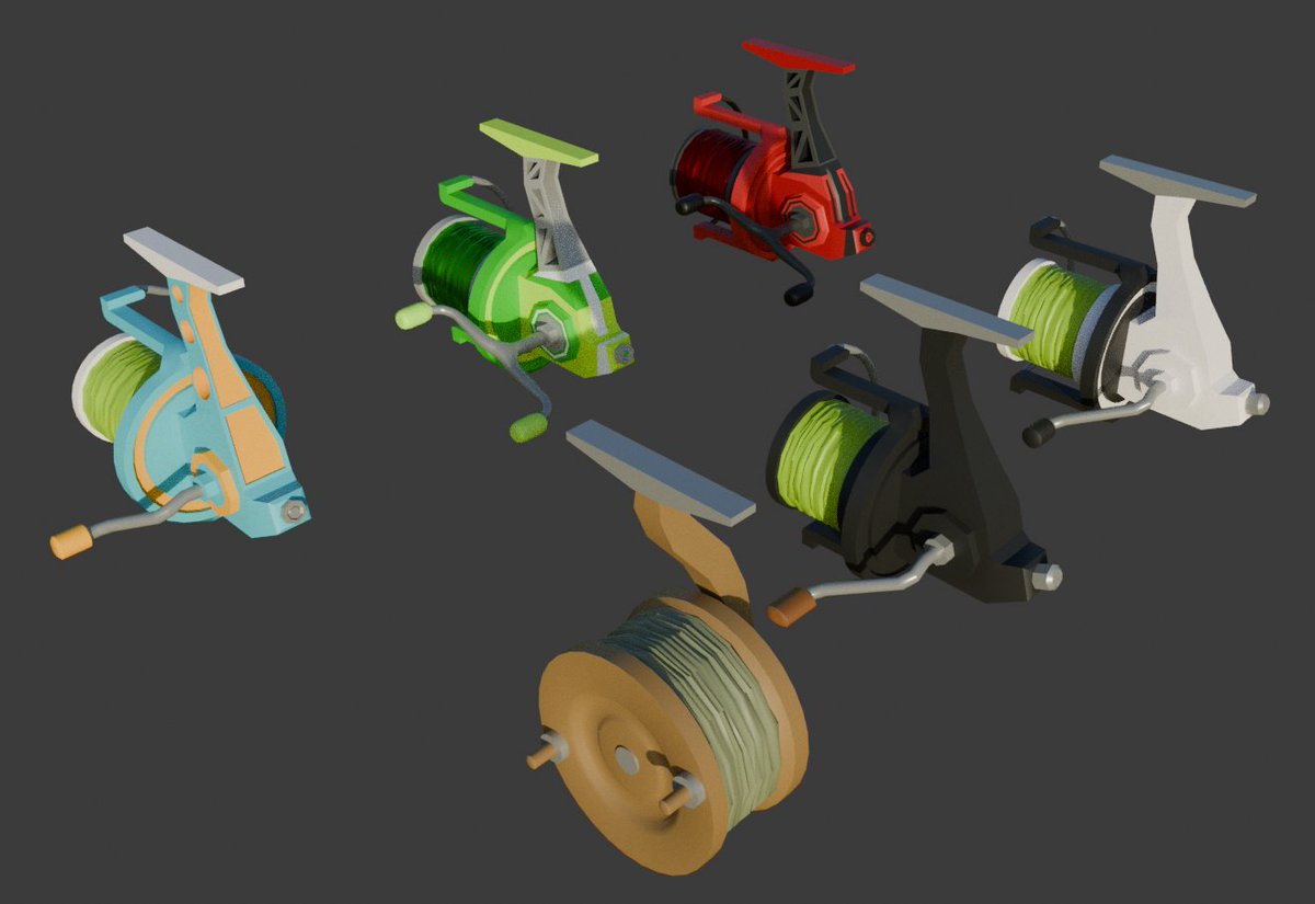 Meshii_Wrr's tweet photo. ▶️Newest model for a game "Castaway Catch Out" I'm making with @RaccoonGameDev 🦝

🐟I present a pack of reels, two of them will be added to the game soon. 🎣 #blender #3DModel #gamedev https://t.co/NnTW2z6cPK