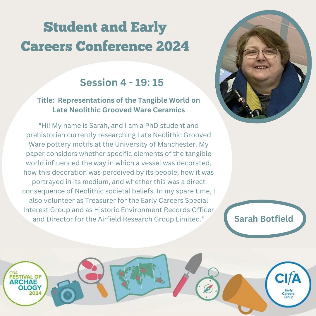 CIfA_EC's tweet photo. We are less than a week away from the Student and Early Careers Conference 2024, where we will be talking about all things archaeology. 1/2
Today we are introducing our very own Sarah Botfield.
#FestivalOfArchaeology
#lateneolithic
#decorativemotifs
#neolithiclandscapes https://t.co/nDGY3A7o4j