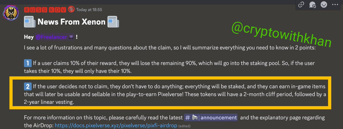 Cryptowithkhan's tweet photo. 𝗬𝗼𝘂 𝗪𝗶𝗹𝗹 𝗭𝗲𝗿𝗼 $PIXFI 𝗘𝘃𝗲𝗻 𝗜𝗳 𝗬𝗼𝘂'𝗿𝗲 𝗤𝘂𝗮𝗹𝗶𝗳𝗶𝗲𝗱 𝗙𝗼𝗿 𝗧𝗵𝗲 𝗔𝗶𝗿𝗱𝗿𝗼𝗽 🪂

- If you will claim 10% now, then you will lost remaining 90% 

- If you will not claim 10% now then your 100% tokens will be staked and vested for 2 months cliff followed by 24 months linear vesting

In simple language : you'll get 100% of your allocated tokens after 26 months ✅

@pixelverse_xyz @blackpuma_xyz @koritual
( Requesting you to change this on the behalf of community ) 

#Pixelverse