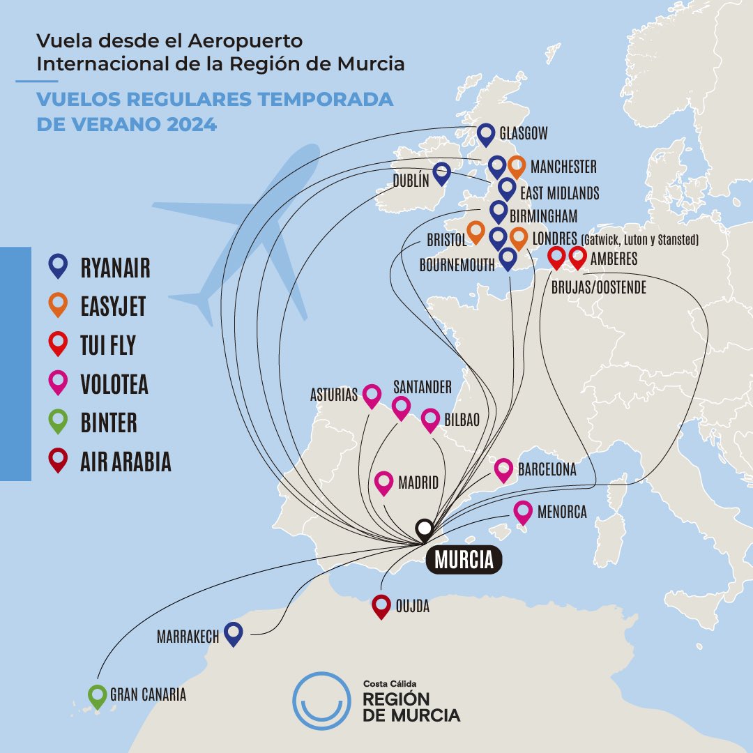🗺 Mapa de conexiones aéreas del Aeropuerto Internacional de la #RegióndeMurcia para la temporada de verano 2024. ✈️

✅ La Región estará conectada con 22 ciudades de 7 países mediante #vuelosdirectos: regulares y chárter.

➡️ goo.su/oCSes

#TurismoRegióndeMurcia