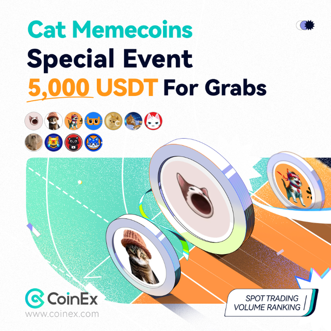 RobViaBTC's tweet photo. Catpy Friday! 🐱 
Trade all cat-themed coins & top TV traders win $5,000! 💰

Get your paws ready & WIN BIG! Exclusive for #CoinEx users! 

Join here😻: https://t.co/PaWLWILG0Z

Featured Coins: $KITTY, $TOSHI, $KEYCAT, #PAJAMAS, #BILLYCAT, $CWIF, $CAT, $MICHI, $MEW, $POPCAT, $MOG @catcoin
