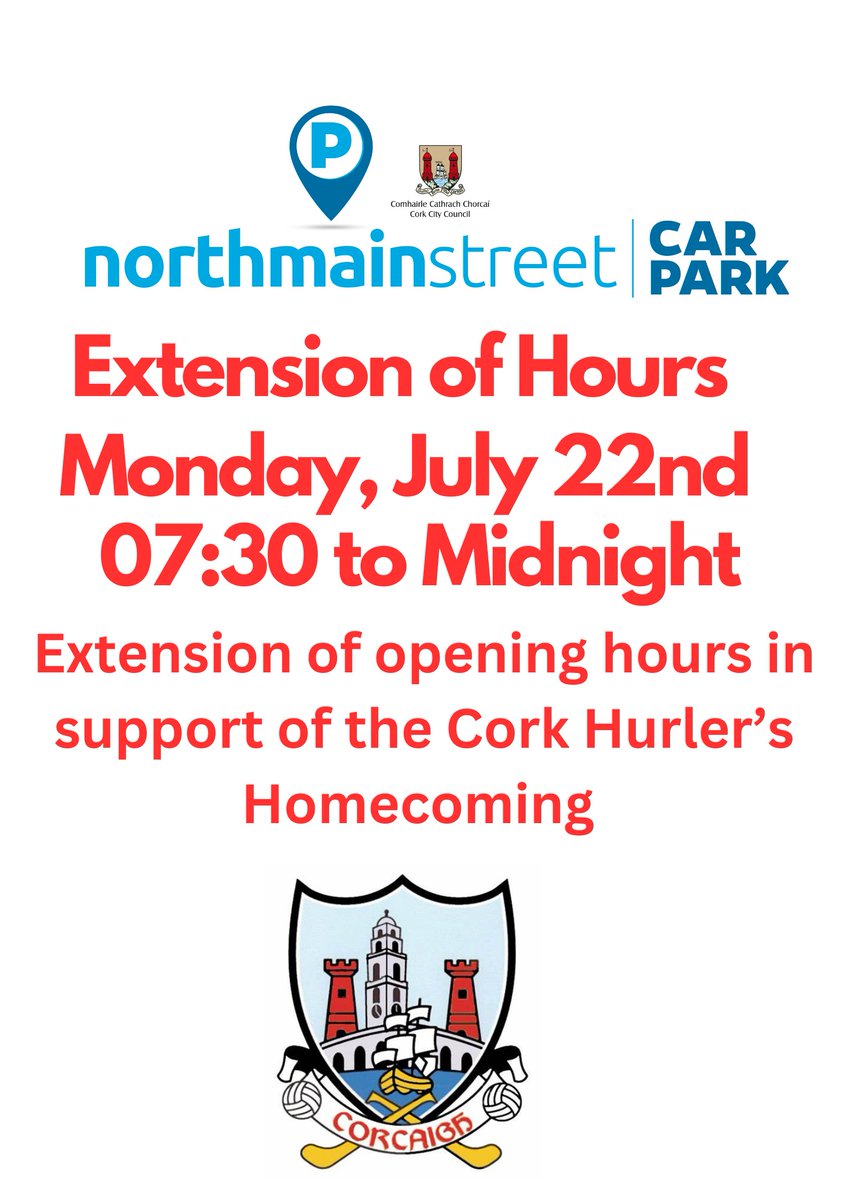 In support of the Cork Hurler's Homecoming on Monday, July 22nd, North Main Street will extend its opening hours to midnight 🔴⚪️