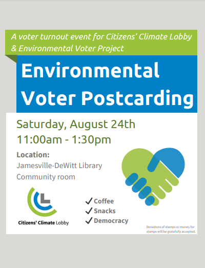 CCL_Syracuse's tweet photo. Join us on August 24th at the Jamesville-DeWitt Library to send postcards to low-propensity environmental voters. All are welcome, so bring a friend!🌎📨 https://t.co/8IRuRx3AuO