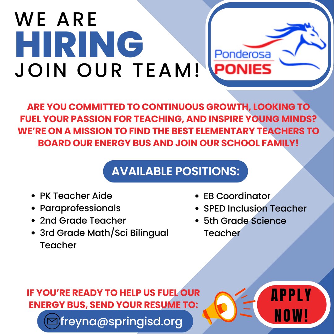 Ponderosa Elementary (@pes_spring) on Twitter photo There’s still a few seats left on our Champion Energy Bus; we’re looking for dedicated difference makers. Is that YOU👀? Come join our dynamic team of dedicated and passionate educators!
Send your resume TODAY🤩‼️<a href="/FloralbaReyna/">Floralba Reyna</a> @MsOmotayo <a href="/jasonldavila/">Jason Davila</a> #Houstonelementaryteachers There’s still a few seats left on our Champion Energy Bus; we’re looking for dedicated difference makers. Is that YOU👀? Come join our dynamic team of dedicated and passionate educators!
Send your resume TODAY🤩‼️<a href="/FloralbaReyna/">Floralba Reyna</a> @MsOmotayo <a href="/jasonldavila/">Jason Davila</a> #Houstonelementaryteachers