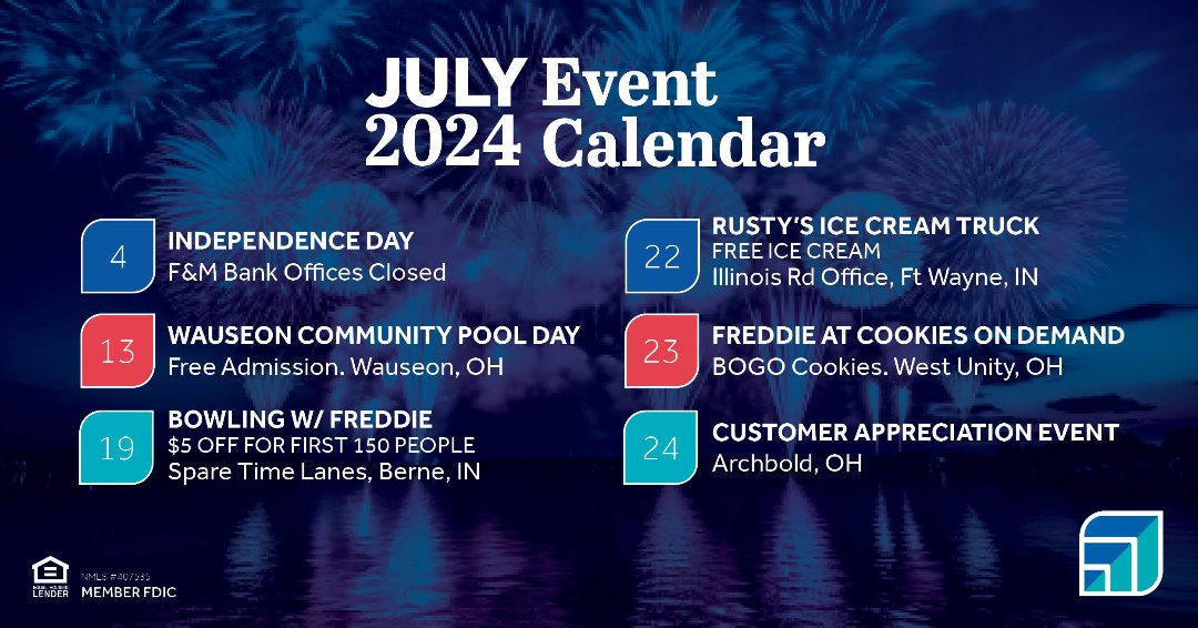 We have had a busy July so far! Join us for our upcoming events and stay tuned for any updates as we are always on the go here at F&amp;M Bank! 🍦🍪🌭

#fmbank #julycalendar #communitybank #socialcalendar