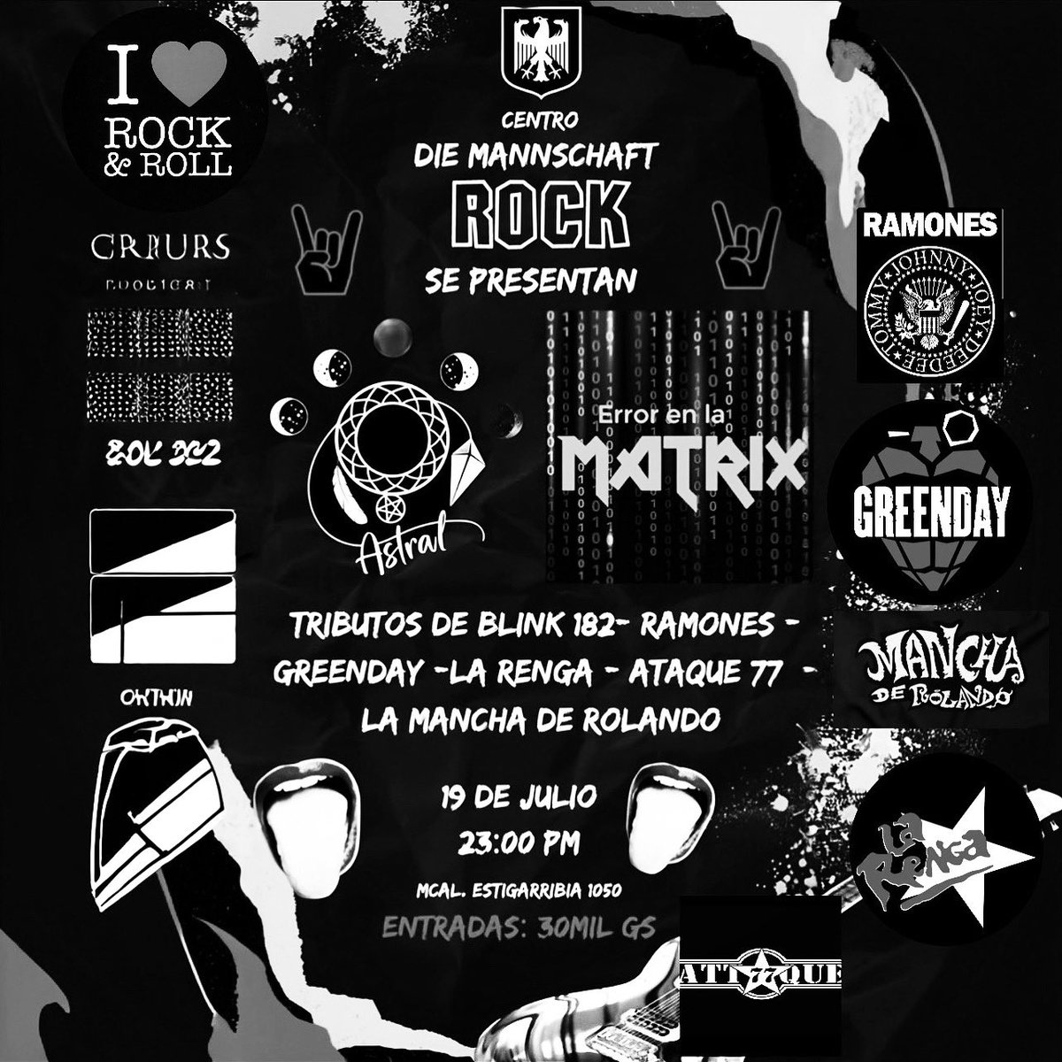 diemannschaftpy's tweet photo. HOOOOY VIERNES 19/07 Tributo ROCKERO por @astralpy_ &amp; #errorenlamatrix en el CENTRO a la @larenga @attaque77ok @venceremos_lamanchaderolando @greenday @ramones &amp; @blink182🤘🏻
en vivo en el CENTRO
Abrimos 16hs para el AFTER
Música en vivo 23.30hs
📍MCAL ESTIGARRIBIA 1050 c/ EEUU https://t.co/okB4S9MRy1