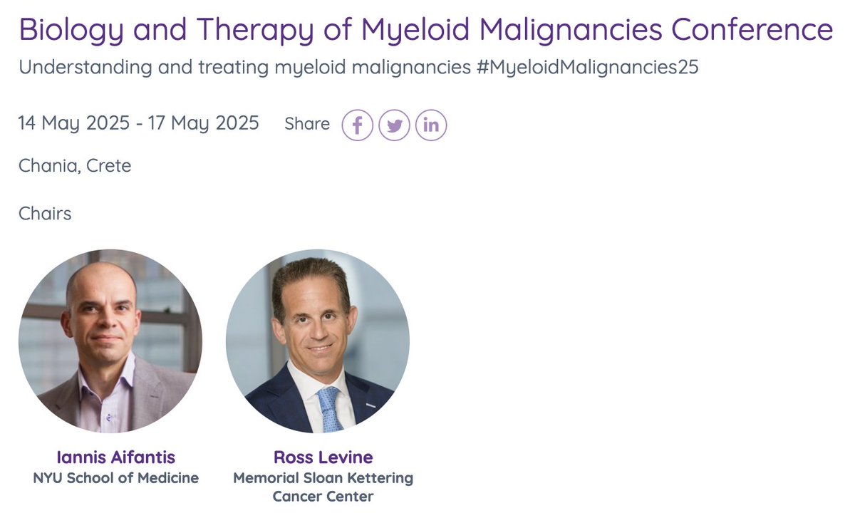 Iannis Aifantis (@iannisaifantis1) on Twitter photo Now LIVE: the inaugural "Biology and Therapy of Myeloid Malignancies Conference" <a href="/Fusion_Conf/">Fusion Conferences</a> taking place May 14-17, 2025 on a beautiful Minoan coast in Crete, Greece. Huge thanks to co-organizer <a href="/rosslevinemd/">Ross Levine</a> (and <a href="/LeeGrimesLab/">Lee Grimes Lab</a>) ! #MyeloidMalignancies25
fusion-conferences.com/conference/180 Now LIVE: the inaugural "Biology and Therapy of Myeloid Malignancies Conference" <a href="/Fusion_Conf/">Fusion Conferences</a> taking place May 14-17, 2025 on a beautiful Minoan coast in Crete, Greece. Huge thanks to co-organizer <a href="/rosslevinemd/">Ross Levine</a> (and <a href="/LeeGrimesLab/">Lee Grimes Lab</a>) ! #MyeloidMalignancies25
fusion-conferences.com/conference/180