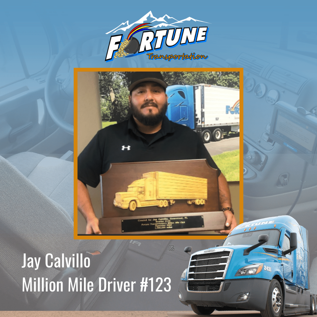 FortuneTrans's tweet photo. Give it up for Jay Calvillo! Jay has become our 123rd driver to roll over the 1 million mark. One million miles? That's like driving the length of the Grand Canyon 3,610 times! https://t.co/HeD6EwNBv5