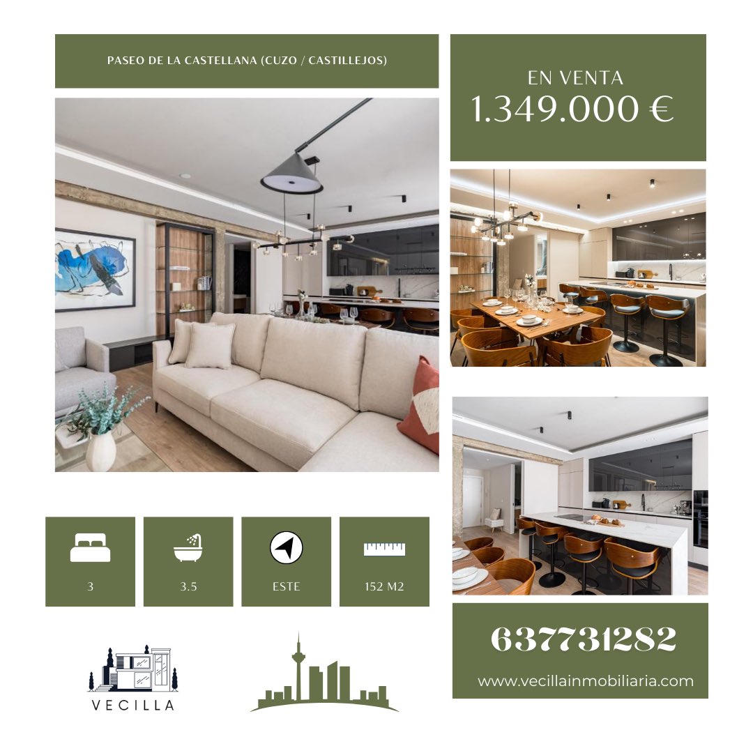 vecillaproptech's tweet photo. ¡Lujo en Madrid! Noveno piso renovado en Paseo de la Castellana con vistas espectaculares 3 dormitorios 3 baños cocina integrada y domótica Conserjería 24h ¡No pierdas esta oportunidad única! Precio: 1.349.000 EUR #RealEstateMadrid #Bernabeu #castellana #piso #pisoenventa #vende https://t.co/6GqRTwb7wi