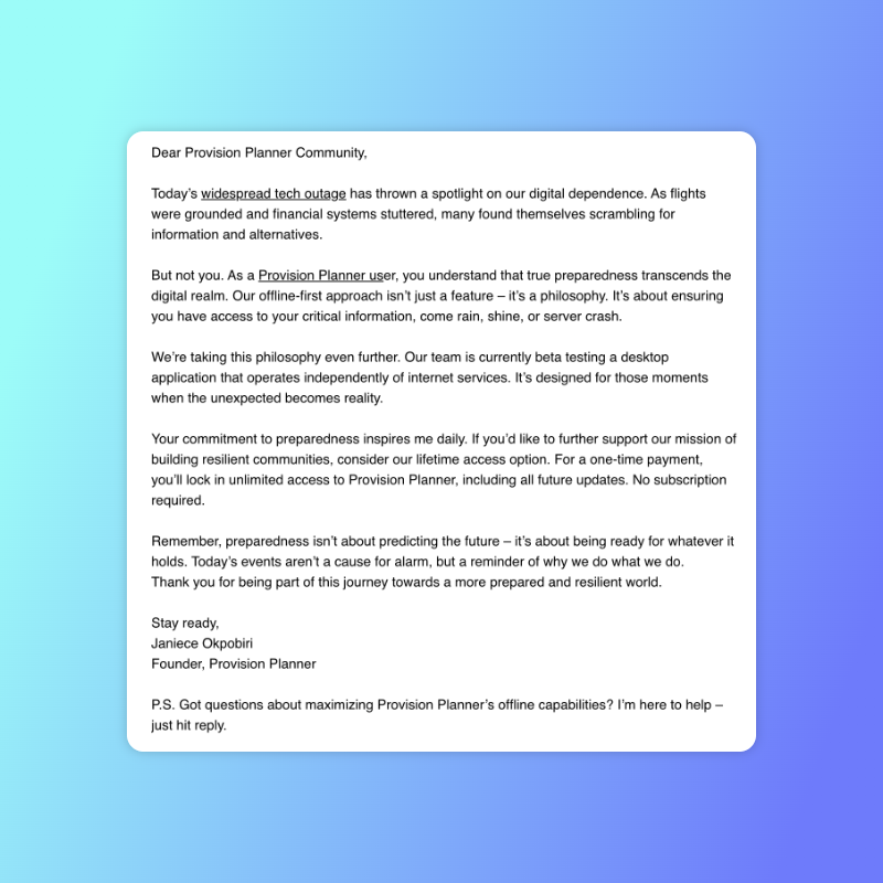 janieceokpobiri's tweet photo. Days like today remind me why I am building Provision Planner for an incredible community. 

This is the note shared to our user base this morning. 🙏 https://t.co/xFmDiIc57D