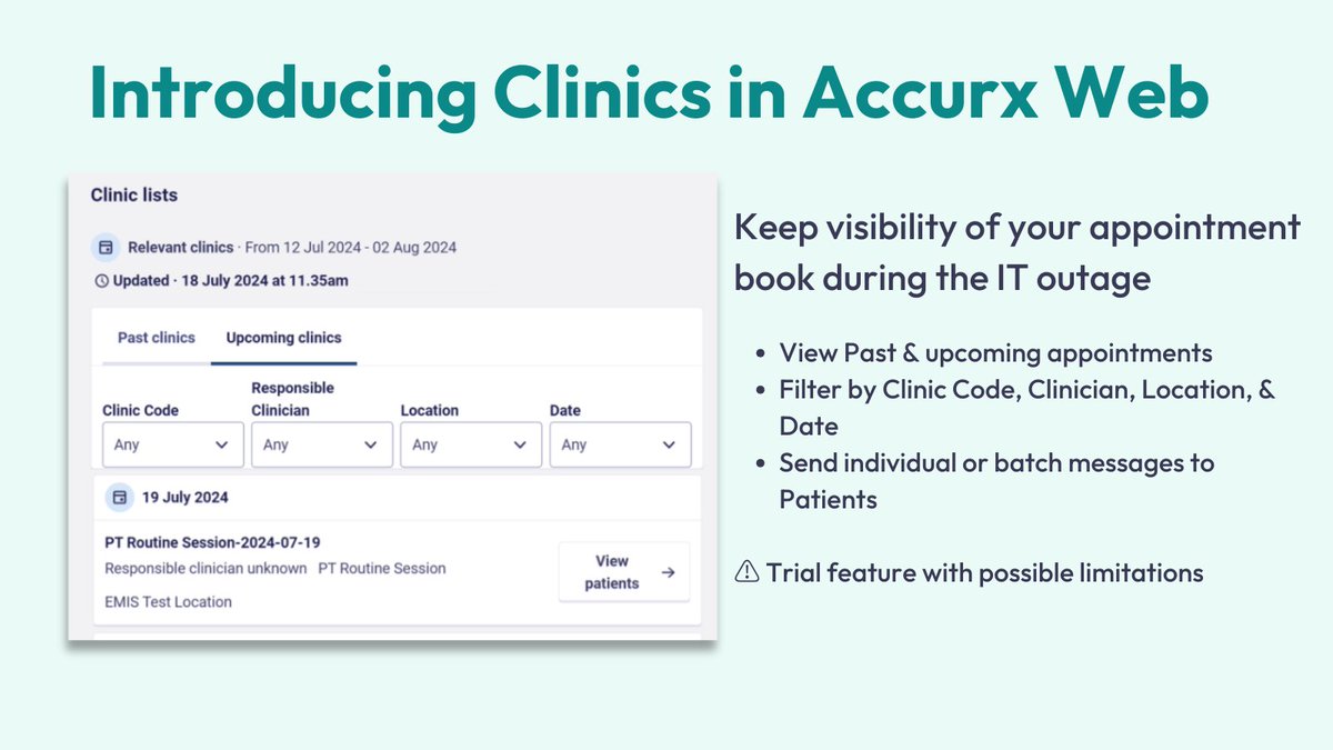 Accurx's tweet photo. In response to the ongoing EMIS outage, our engineers built and deployed a new feature called Clinics, available now through Accurx Web.
❗This is a trial in response to the outage. 
This feature will only work if you have access to Self-Book
More here 👉  https://t.co/JvB5kBUOO4 https://t.co/Ia2Gwg1YlS